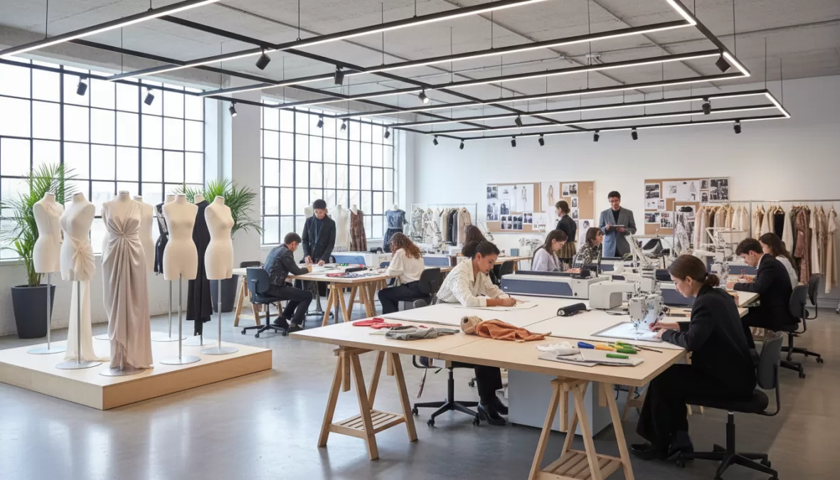 Fashion design students working in a modern studio at one of the top 10 fashion designing colleges in world