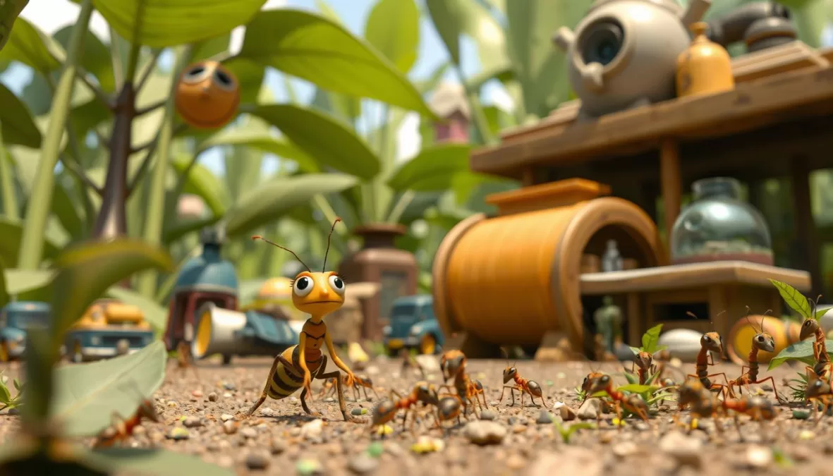 Flik and the ant colony from A Bug's Life with new insect characters in their miniature world with giant plants and objects