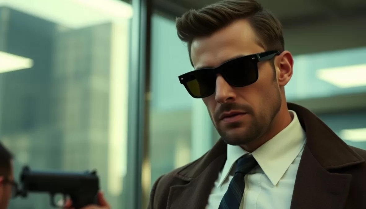 Glen Powell in a disguise as a hitman in Netflix movies 2025 comedy Hit Man