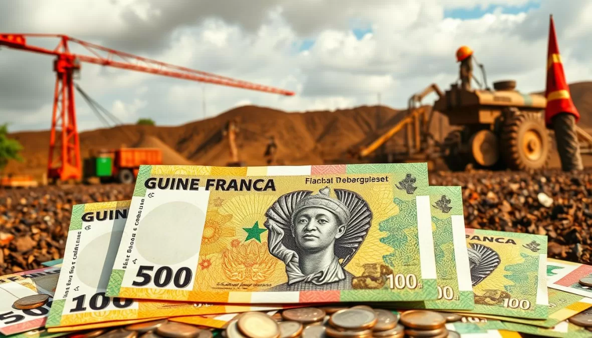 Guinean Franc banknotes with bauxite mining operations and political instability imagery in background