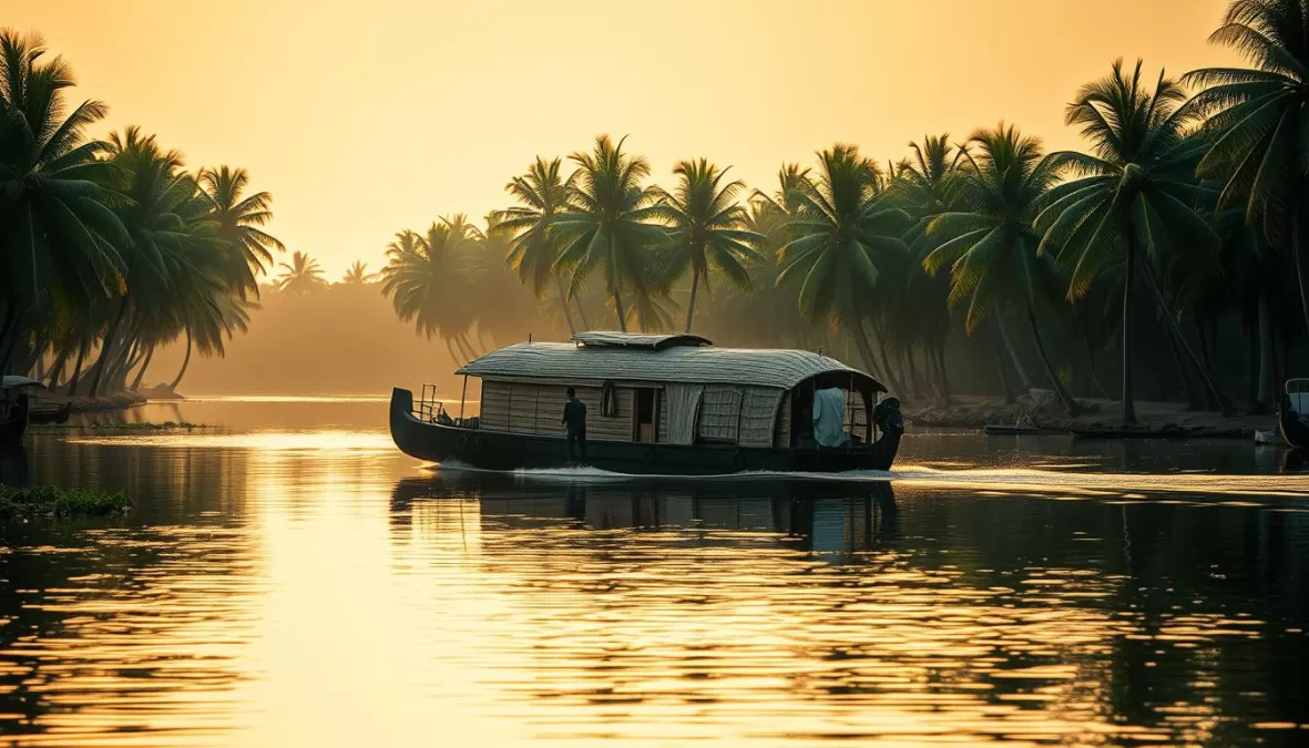 Houseboat cruising through Kerala backwaters surrounded by palm trees, a top travel destination in India for 2026
