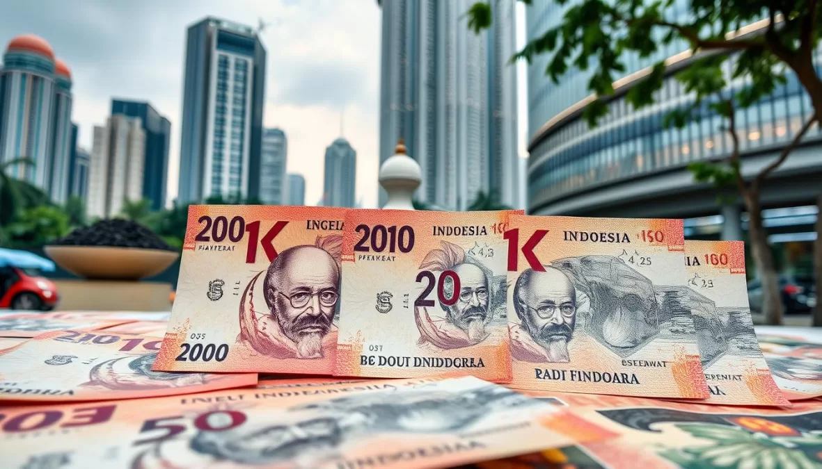 Indonesian Rupiah banknotes with commodity exports and Jakarta financial district showing economic contrast