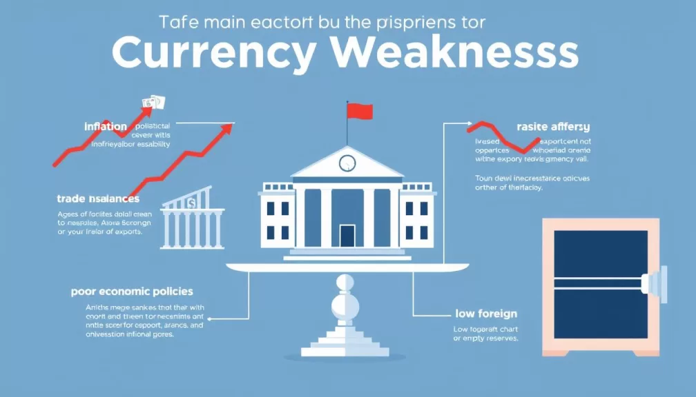 Infographic showing factors that contribute to currency weakness including inflation, political instability, and trade imbalances