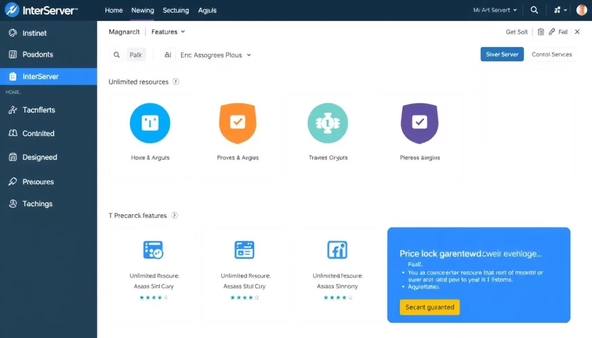 InterServer control panel showing unlimited resources and price-lock guarantee for top 10 web hosting reviews 2025