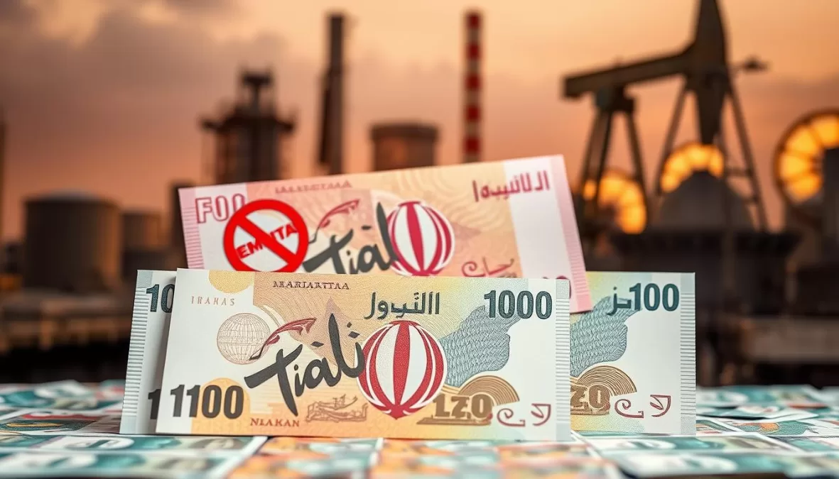 Iranian Rial banknotes with economic sanctions imagery and oil industry in background showing the currency's weakness