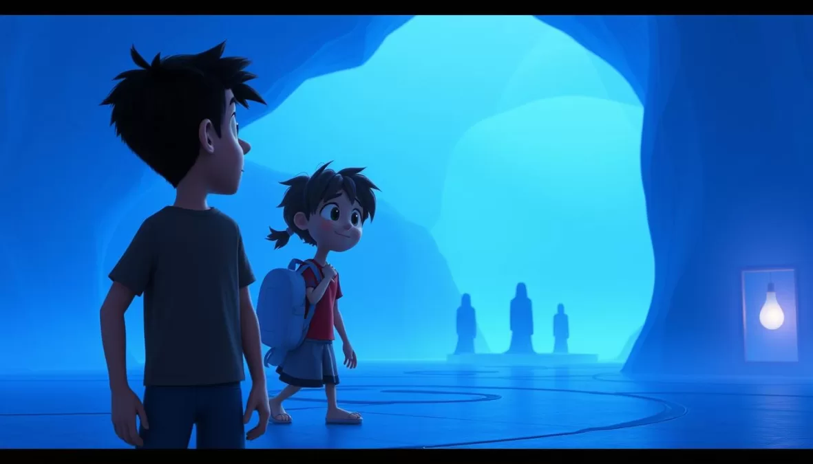 Joe Gardner and 22 exploring the abstract world of The Great Before with ethereal blue lighting and soul counselors