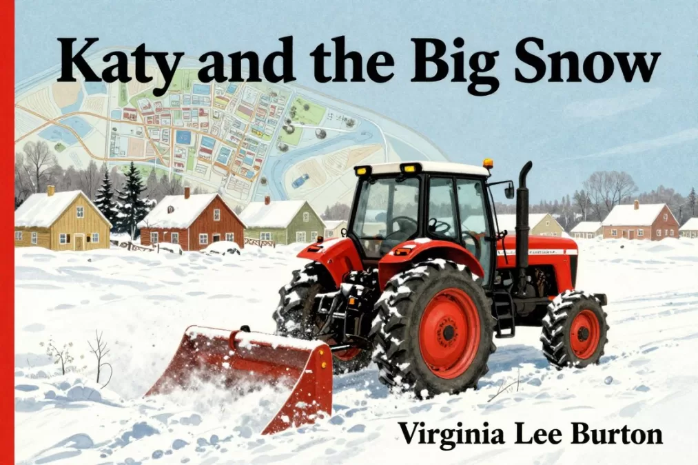 Katy and the Big Snow book cover showing red tractor in snow