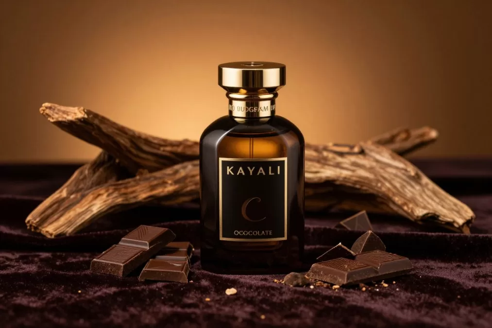 Kayali Oudgasm Chocolate Oud bottle with rich, dark styling