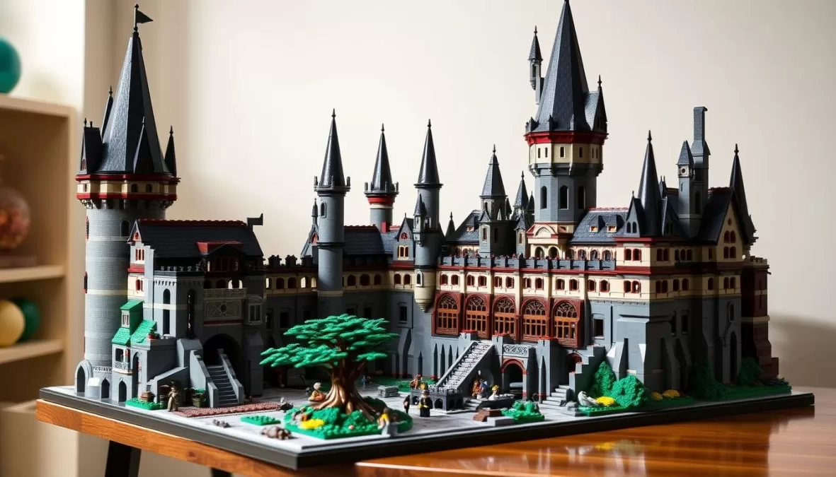 LEGO Harry Potter Hogwarts Castle showing the detailed micro-scale model with all towers and surrounding grounds, one of the top 10 largest LEGO sets in the world 2025