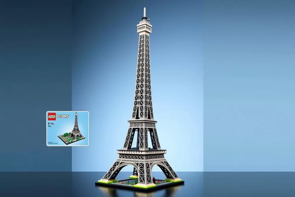 LEGO Icons Eiffel Tower showing the record-breaking 58.5-inch tall model in all its glory, the #1 in top 10 largest LEGO sets in the world 2025