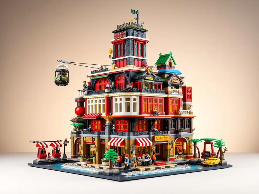 LEGO NINJAGO City Markets showing the multi-level colorful marketplace with shops, restaurants and cable car system, ranking in the top 10 largest LEGO sets in the world 2025