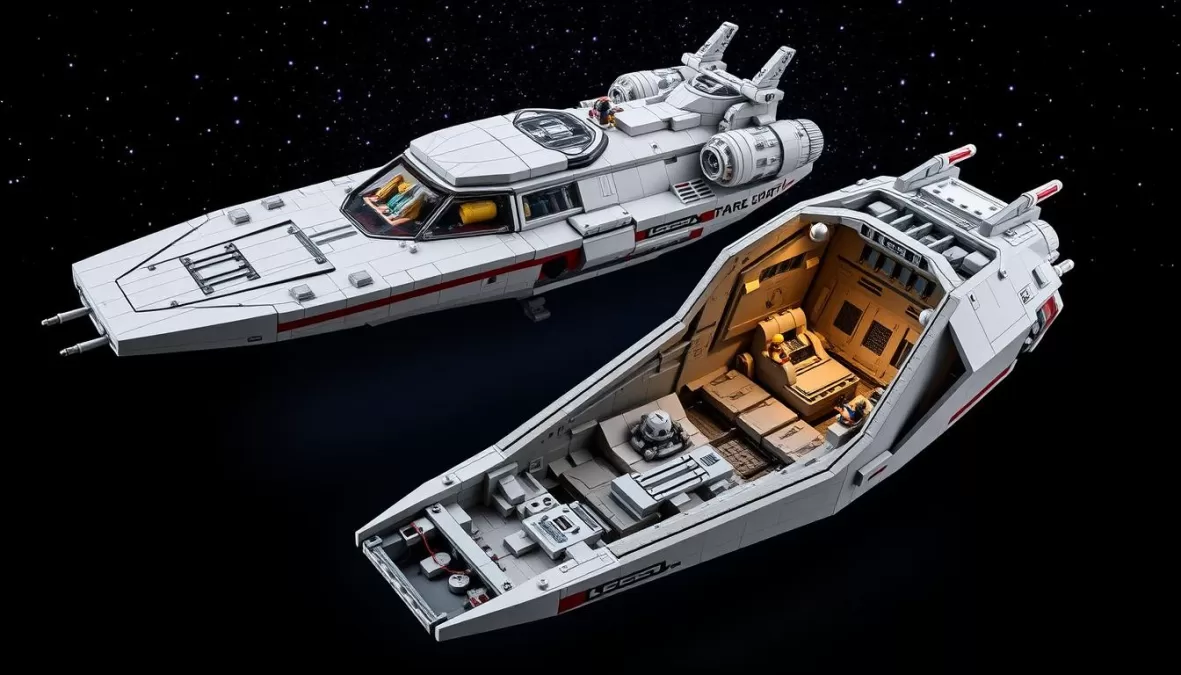 LEGO Star Wars Razor Crest showing the detailed exterior and interior features of the Mandalorian's ship, featured in the top 10 largest LEGO sets in the world 2025