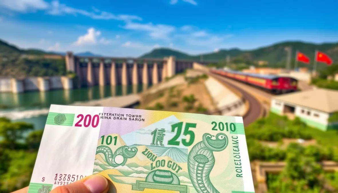 Laotian Kip banknotes with hydropower dam and Chinese-built railway in background showing infrastructure debt