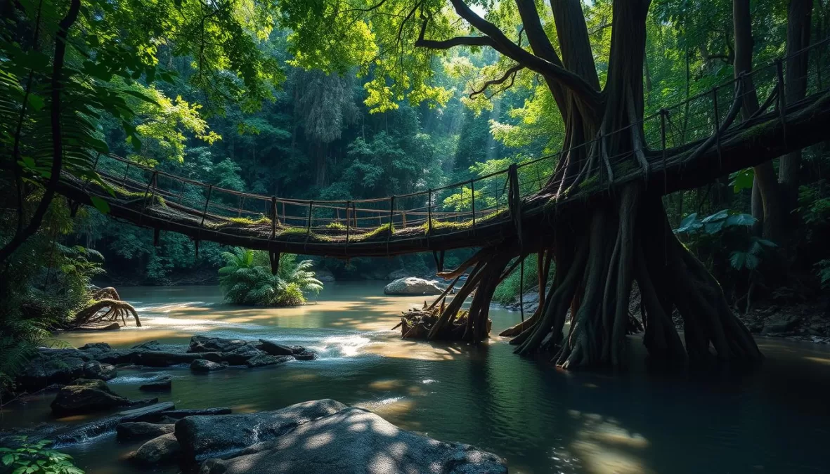 Living root bridges in Meghalaya, Northeast India with lush green surroundings, featured among the top 10 best travel destinations in India for 2026