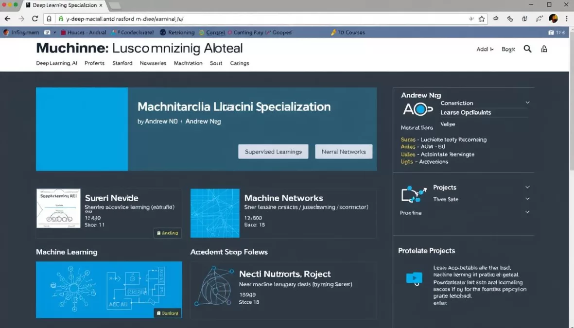 Machine Learning Specialization by Andrew Ng showing course modules for AI certification beginners 2026