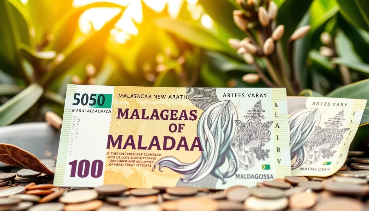 Malagasy Ariary banknotes with vanilla plants and geographic isolation imagery showing economic challenges