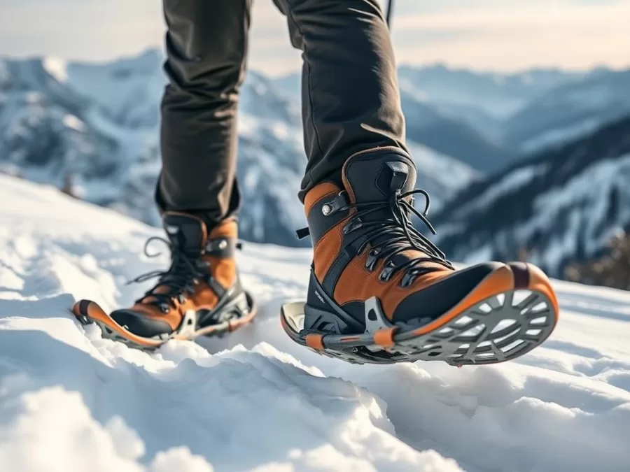 Man hiking on snowy trail wearing winter hiking boots with snowshoes attached
