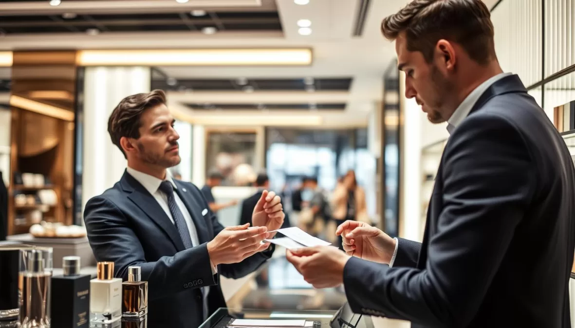 Man testing different perfumes at a fragrance counter with a specialist