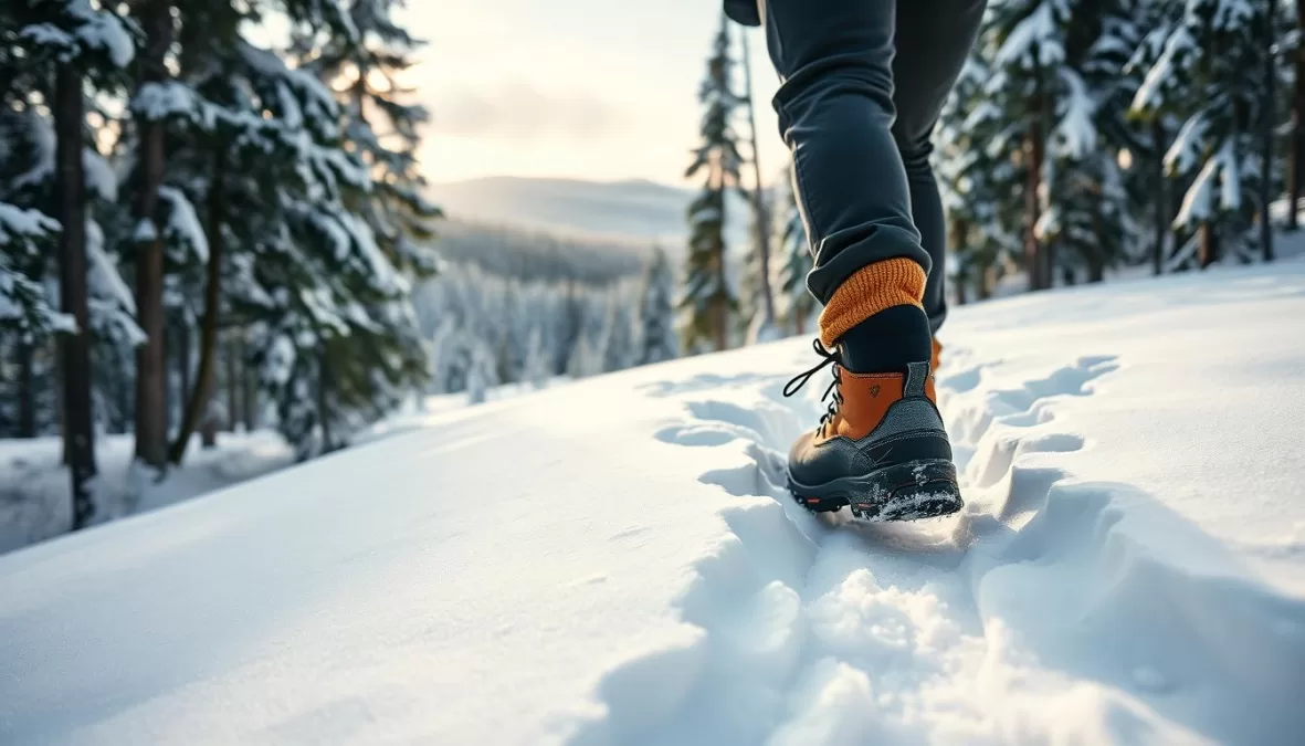 Man walking through deep snow wearing high-quality winter boots, demonstrating the importance of proper winter footwear