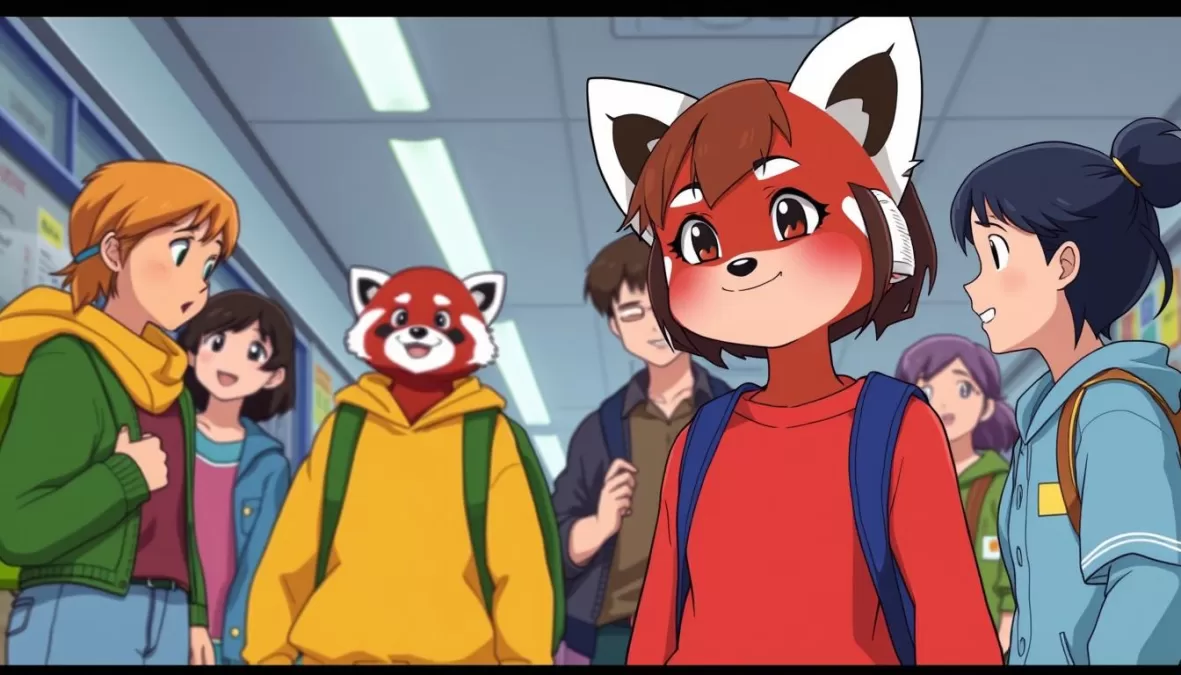 Mei Lee from Turning Red in both human and red panda forms with her friends in a more mature setting reflecting their teenage growth