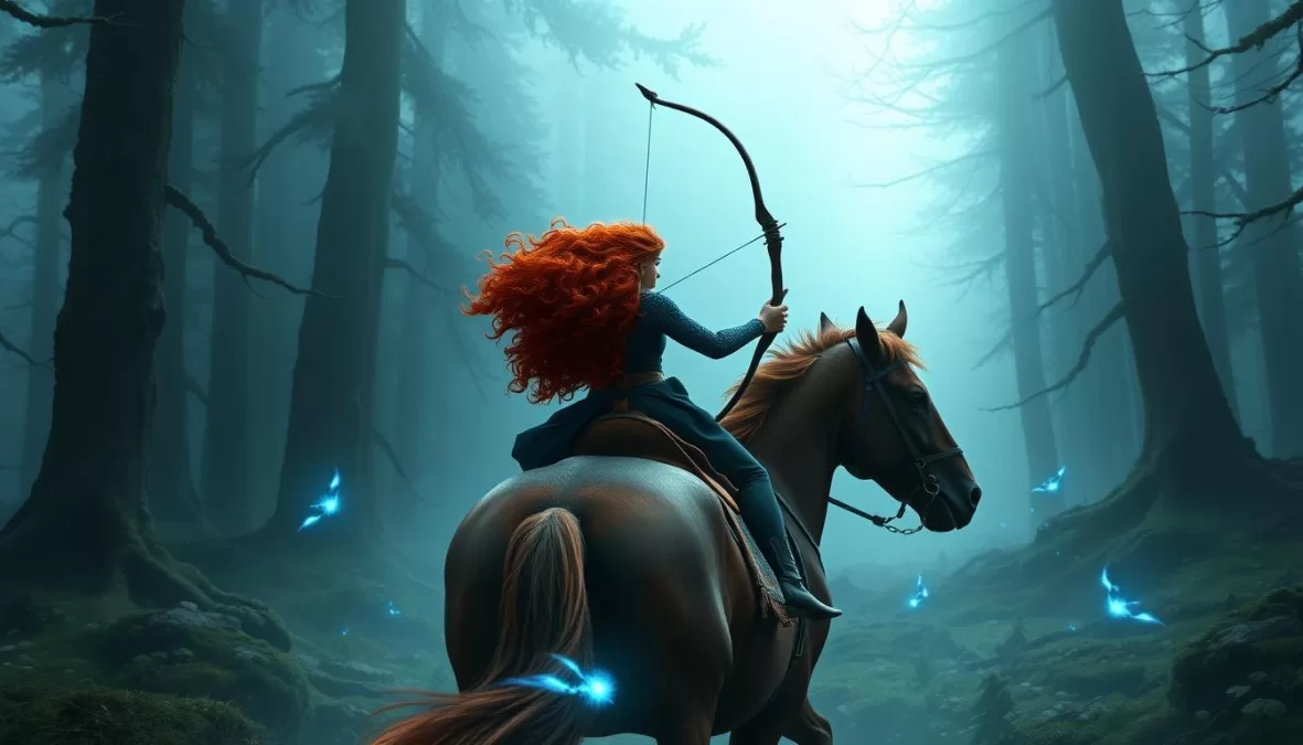 Merida from Brave riding her horse through a misty Scottish forest with her bow drawn and magical wisps visible