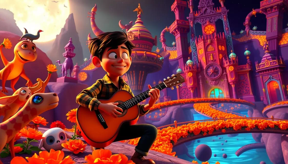 Miguel from Pixar's Coco playing guitar in the Land of the Dead with colorful spirit animals and marigold bridges
