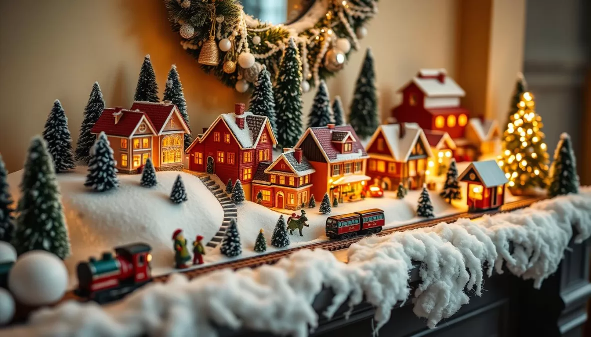 Miniature Christmas village display with lights and figurines
