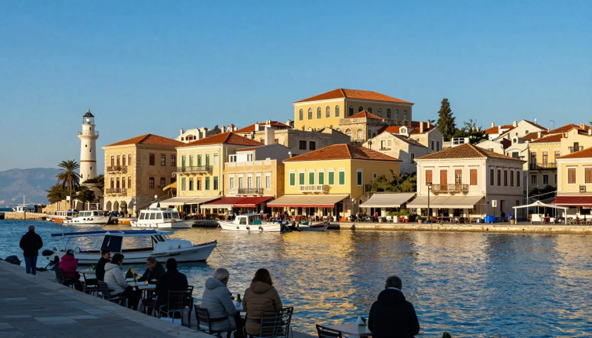 Old Venetian harbor of Chania in Crete with winter sunshine in January 2026