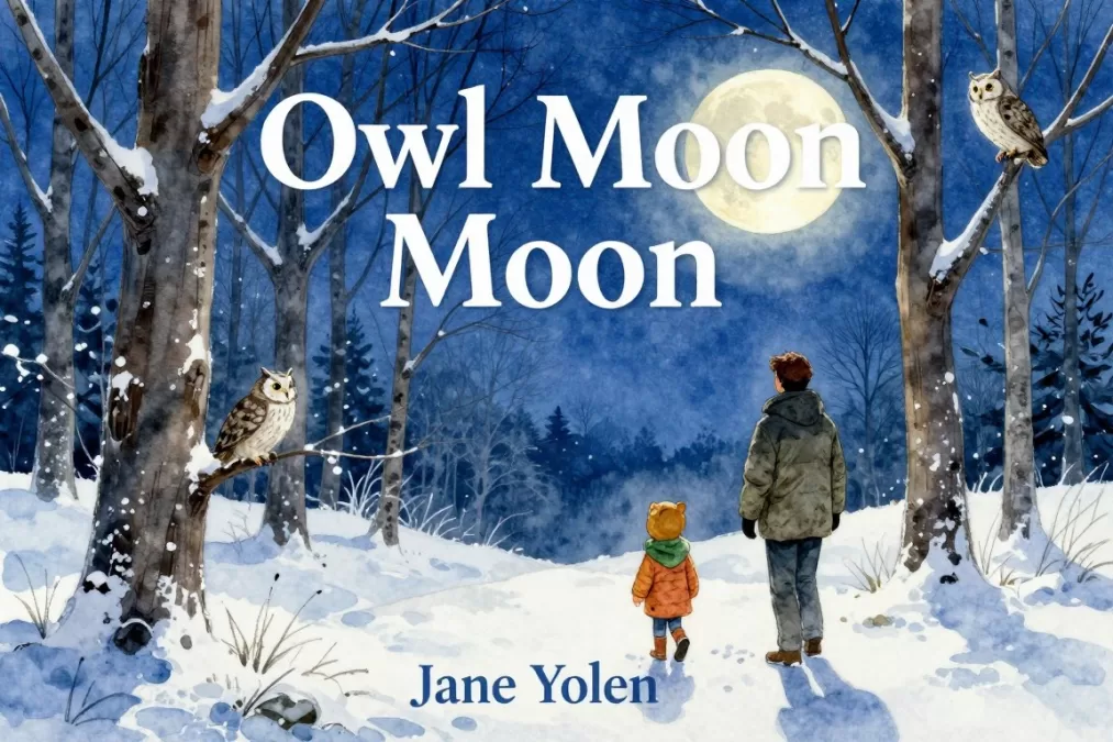 Owl Moon book cover showing child and father owling at night