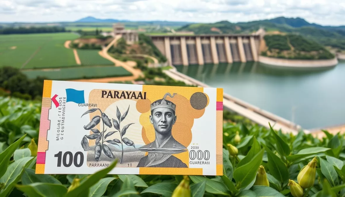 Paraguayan Guarani banknotes with soybean fields and Itaipu dam showing agricultural and hydroelectric dependency
