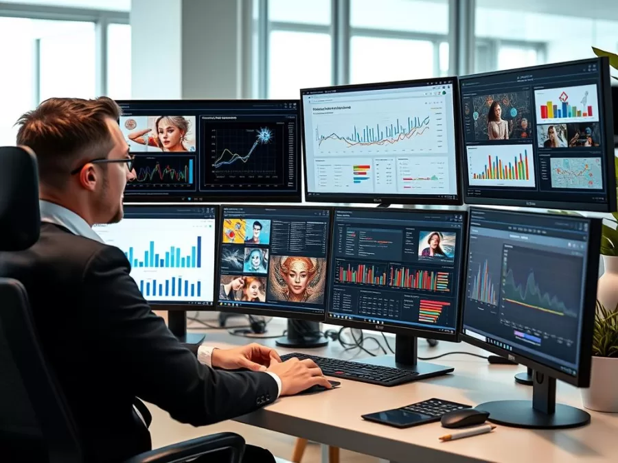 Person analyzing different AI image monetization platforms on multiple screens