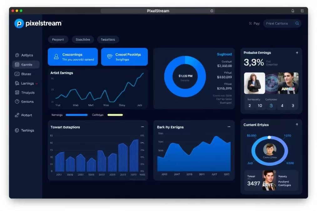 PixelStream dashboard showing artist earnings and subscription metrics