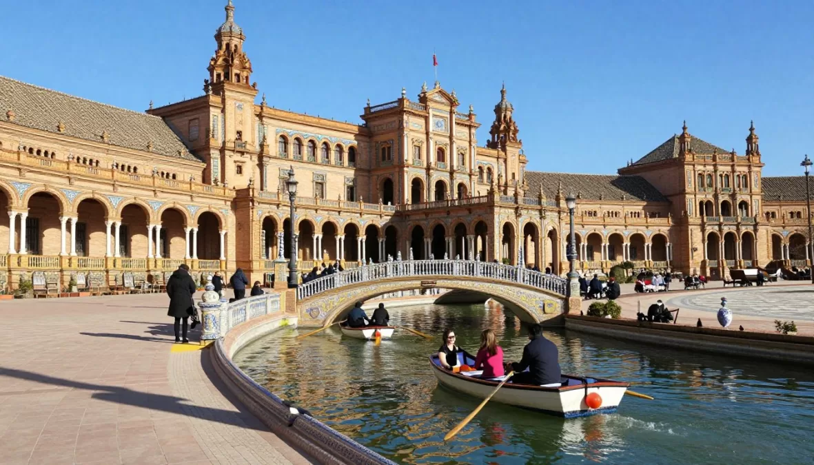 Plaza de España in Seville with people enjoying winter sunshine in January 2026