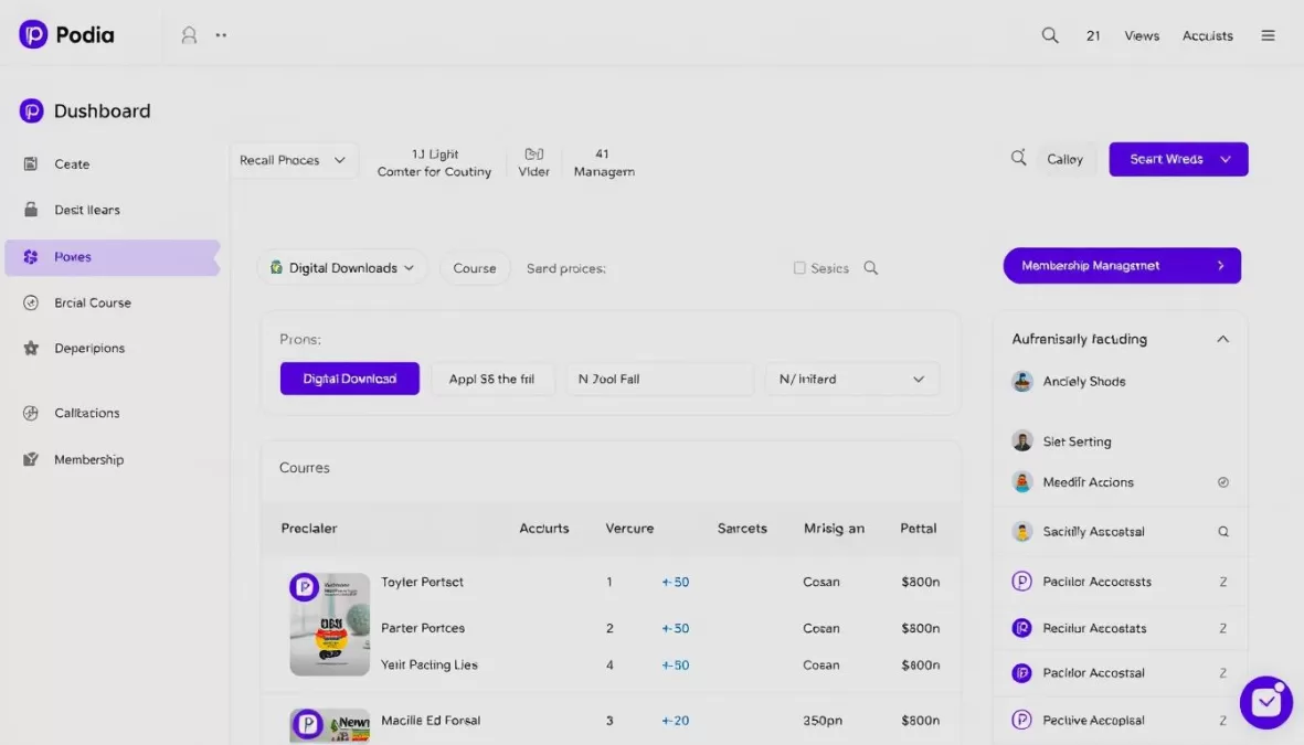 Podia dashboard showing digital product sales and subscription management for creators