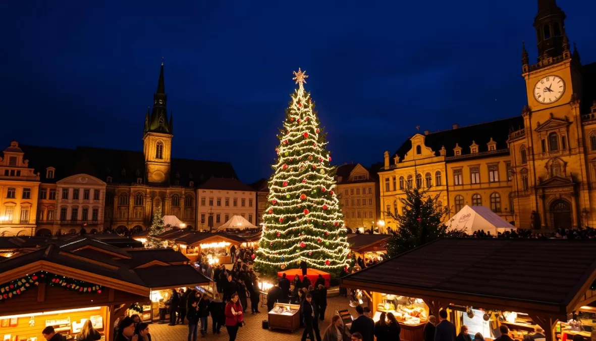Prague's Old Town Square Christmas market with the iconic astronomical clock and massive Christmas tree, top 10 christmas markets in europe 2025
