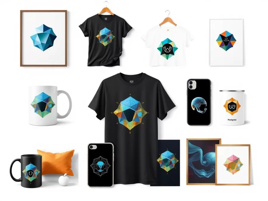 PrintAI product mockups showing AI artwork on various merchandise