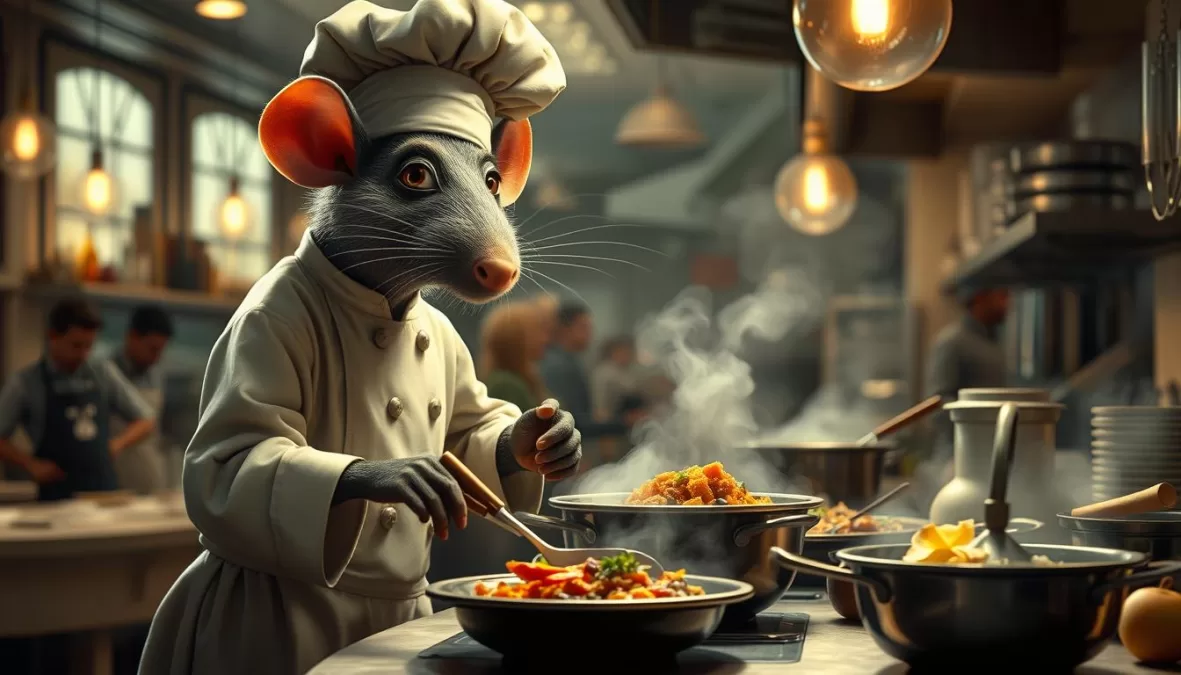 Remy the rat chef creating an elaborate dish in a busy Parisian restaurant kitchen with dramatic lighting