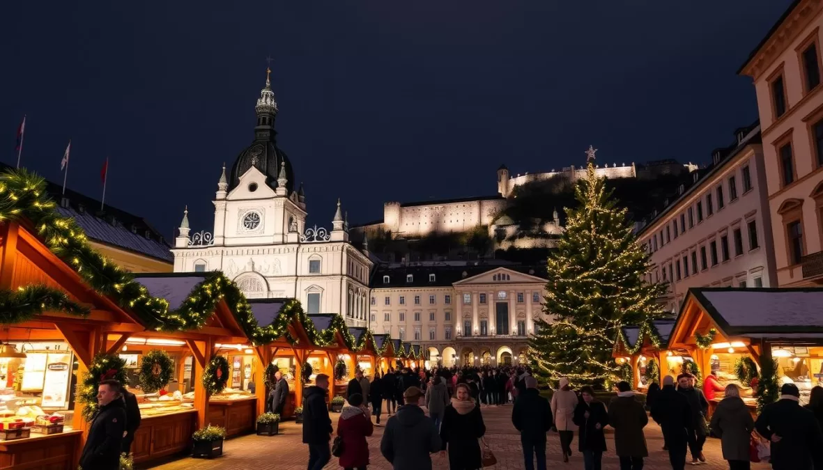 Salzburg's Cathedral Square Christmas market with the baroque cathedral and fortress in the background, top 10 christmas markets in europe 2025