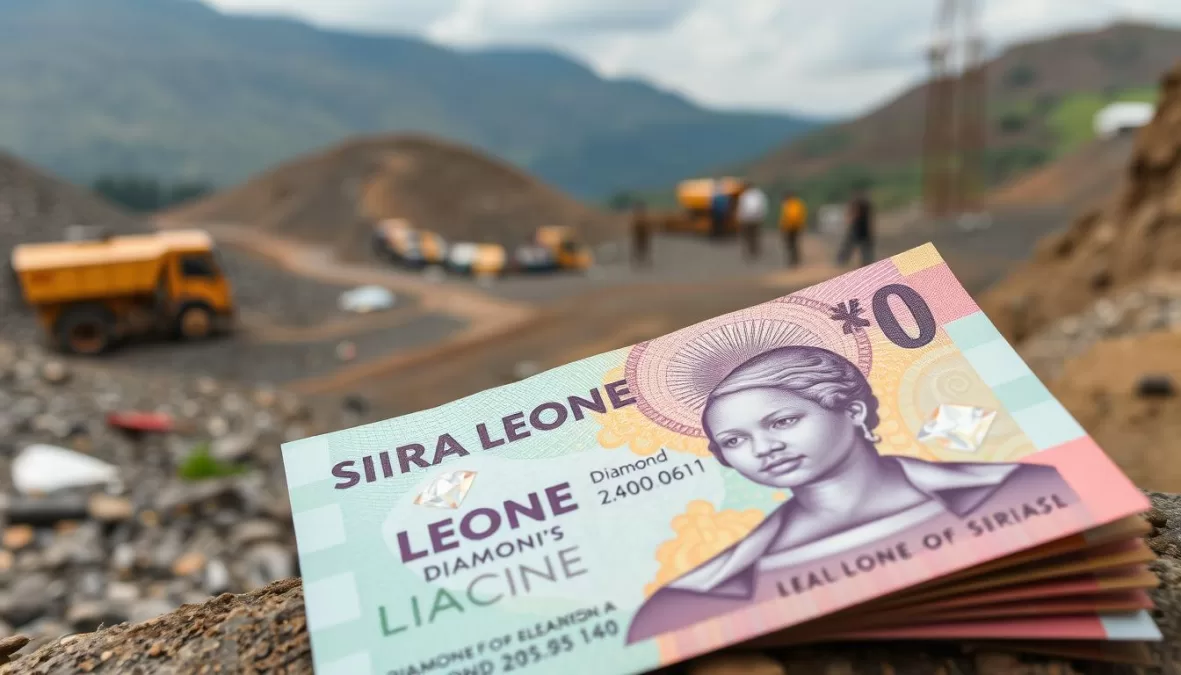 Sierra Leonean Leone banknotes with diamond mining operation and post-conflict reconstruction in background