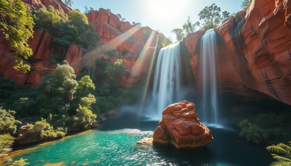 Spectacular waterfalls and ancient rock art at Kakadu National Park, one of the top 10 Australia tourist attractions
