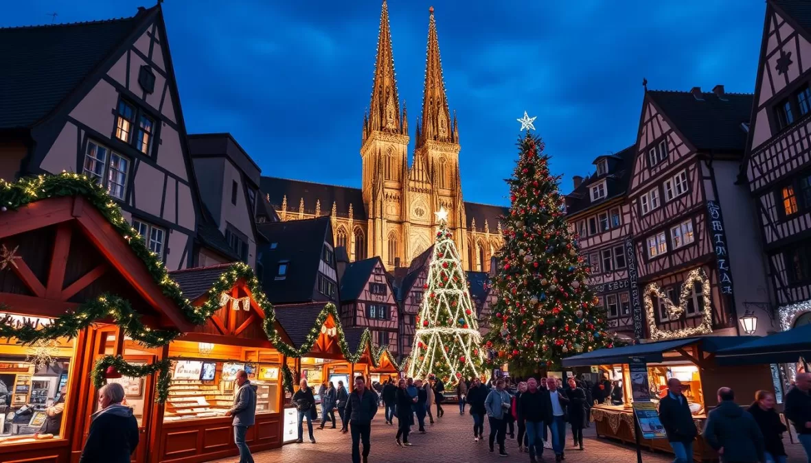 Strasbourg Christmas market with illuminated cathedral and traditional wooden chalets, top 10 christmas markets in europe 2025