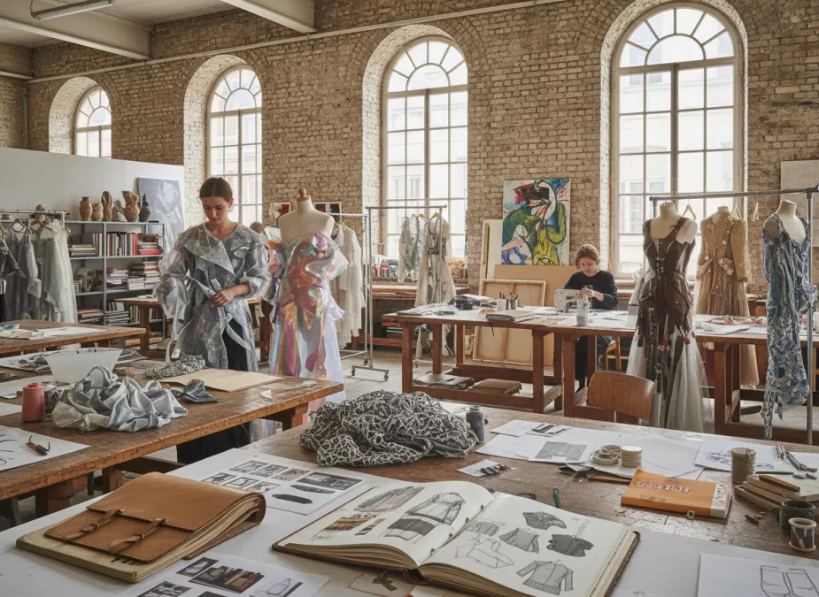 Student workspace at Royal Academy of Fine Arts Antwerp showing avant-garde designs