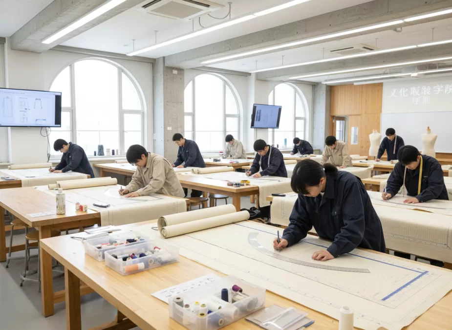 Students practicing pattern-making techniques at Bunka Fashion College in Tokyo