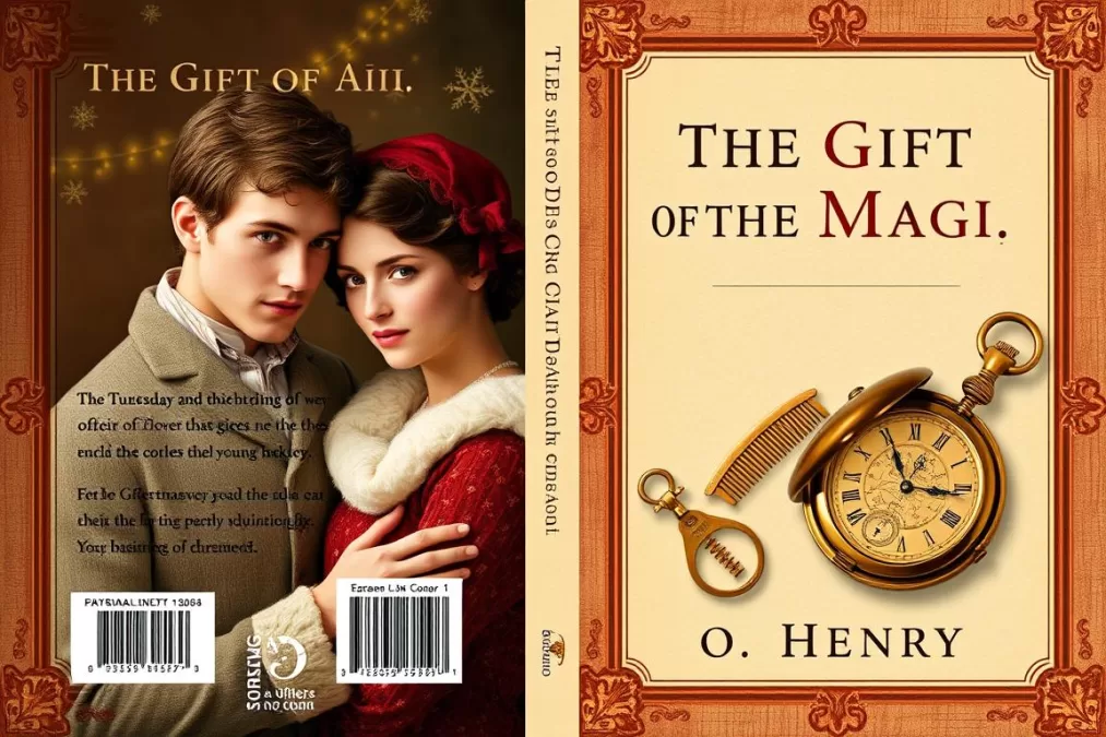 The Gift of the Magi by O. Henry book cover showing a young couple and Christmas elements