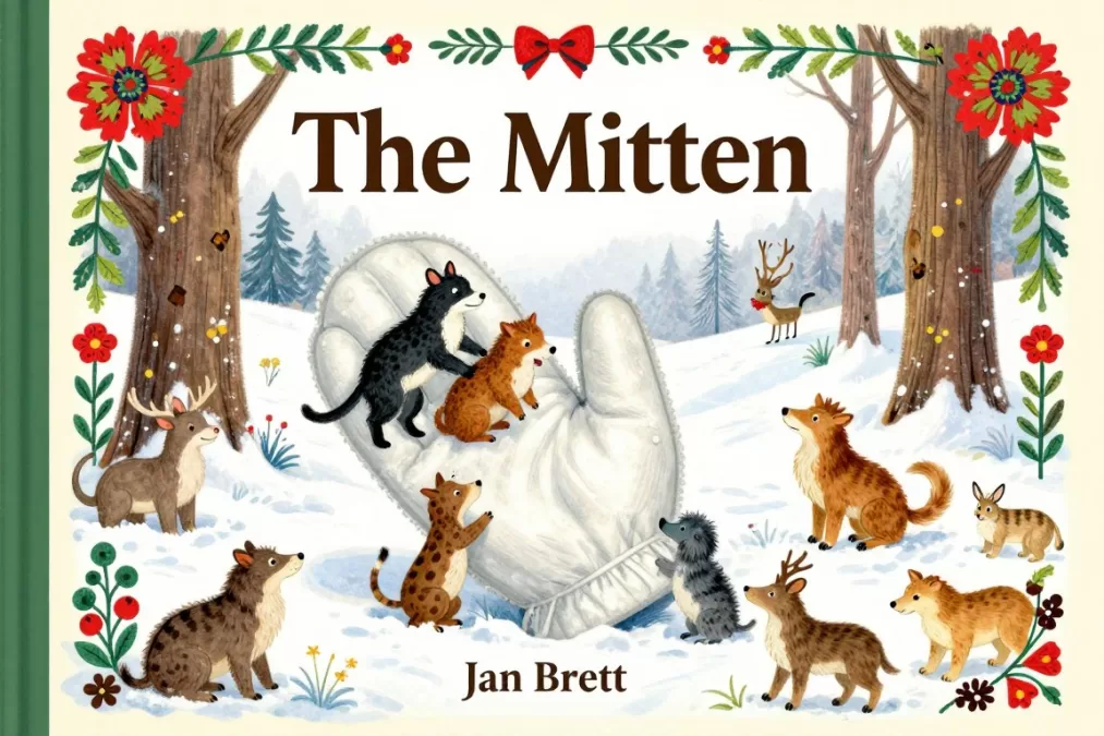 The Mitten book cover by Jan Brett showing animals in a mitten