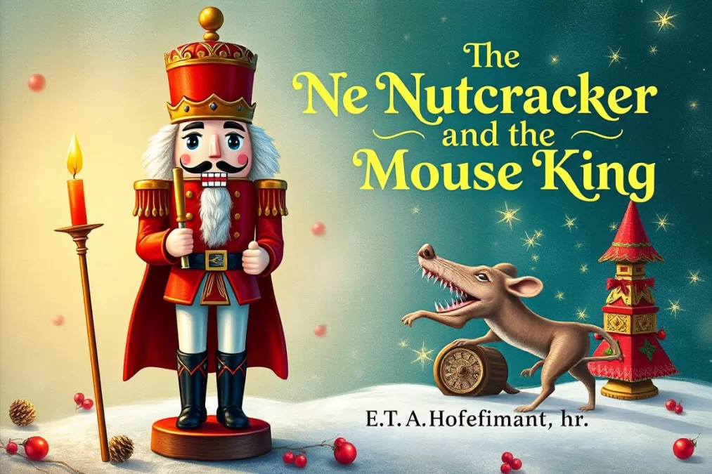 The Nutcracker and the Mouse King book cover with a nutcracker figure and magical elements