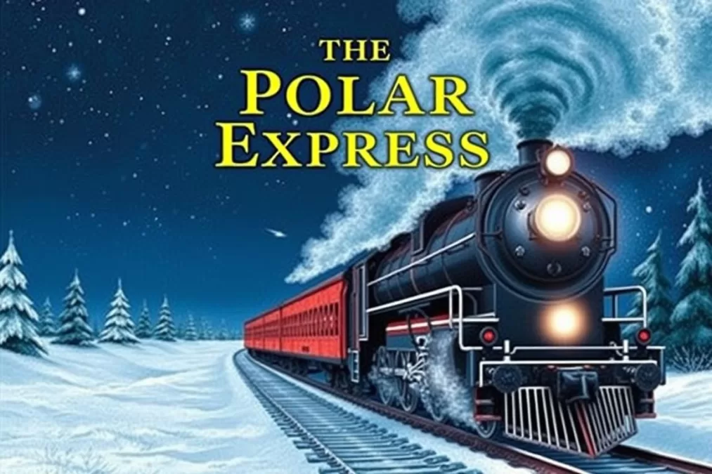 The Polar Express book cover showing a steam train in the night with snow