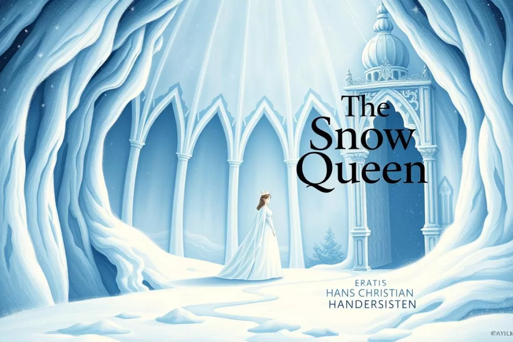 The Snow Queen by Hans Christian Andersen book cover with the Snow Queen and winter landscape