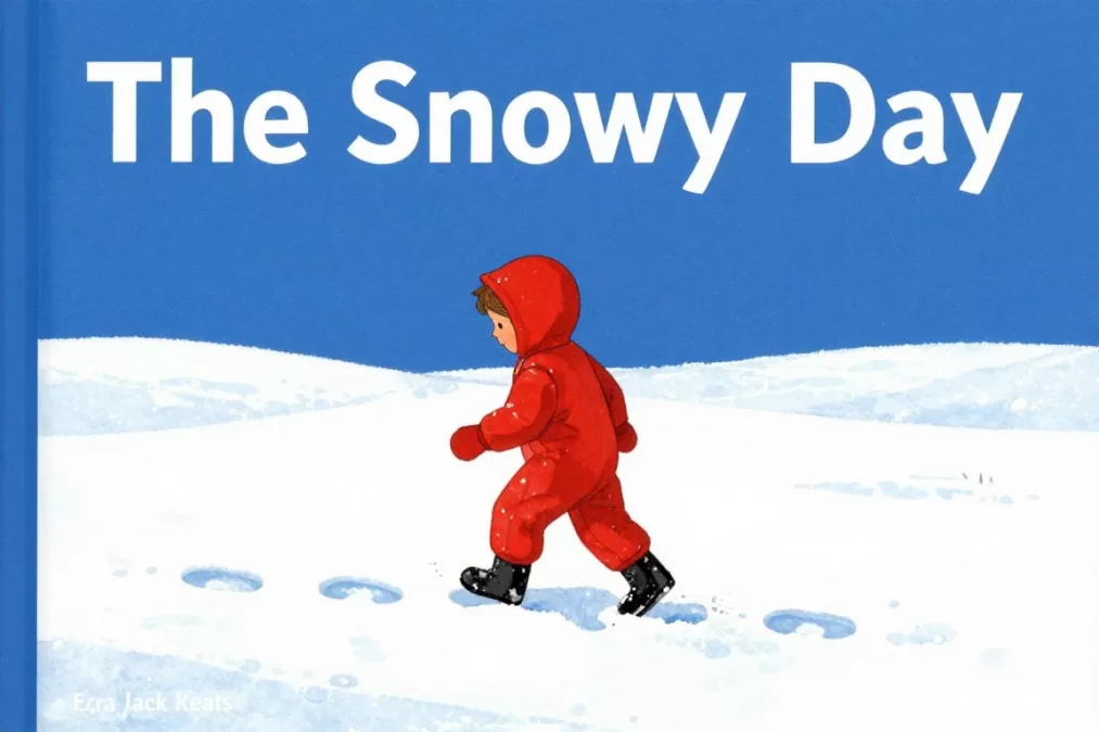The Snowy Day book cover by Ezra Jack Keats showing a child in red snowsuit