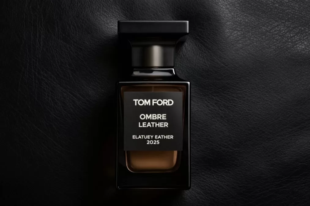 Tom Ford Ombré Leather Parfum bottle against a dark winter background